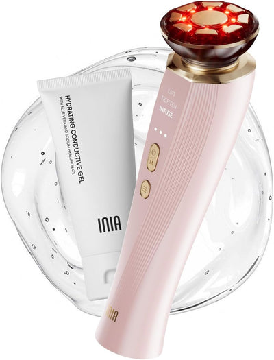 INIA 3-in-1 red light therapy device for face and neck with lift, tighten, and infuse modes. Adjustable intensity, negative ion technology, and ergonomic 3D head for at-home facial sculpting and firming.