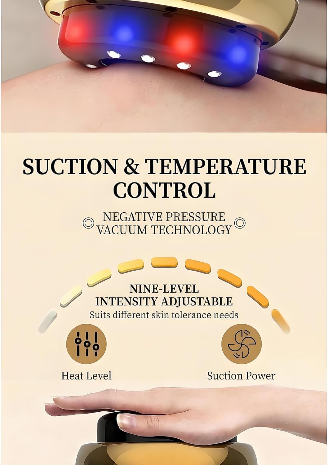 Rechargeable electric cupping massager with LED light therapy, vibration, and 9 adjustable suction levels. Targets cellulite on legs, arms, abdomen, and back from home.