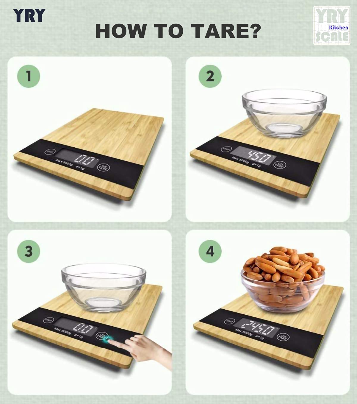 Taylor bamboo digital kitchen scale with 11 lb / 5 kg capacity, backlit LCD display, and tare function. Weighs dry and liquid ingredients in oz, g, fl oz, and ml. Eco-friendly bamboo platform.