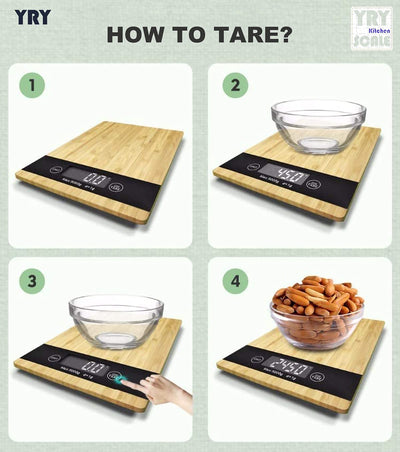 Taylor bamboo digital kitchen scale with 11 lb / 5 kg capacity, backlit LCD display, and tare function. Weighs dry and liquid ingredients in oz, g, fl oz, and ml. Eco-friendly bamboo platform.