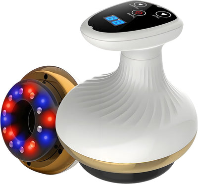 Rechargeable electric cupping massager with LED light therapy, vibration, and 9 adjustable suction levels. Targets cellulite on legs, arms, abdomen, and back from home.