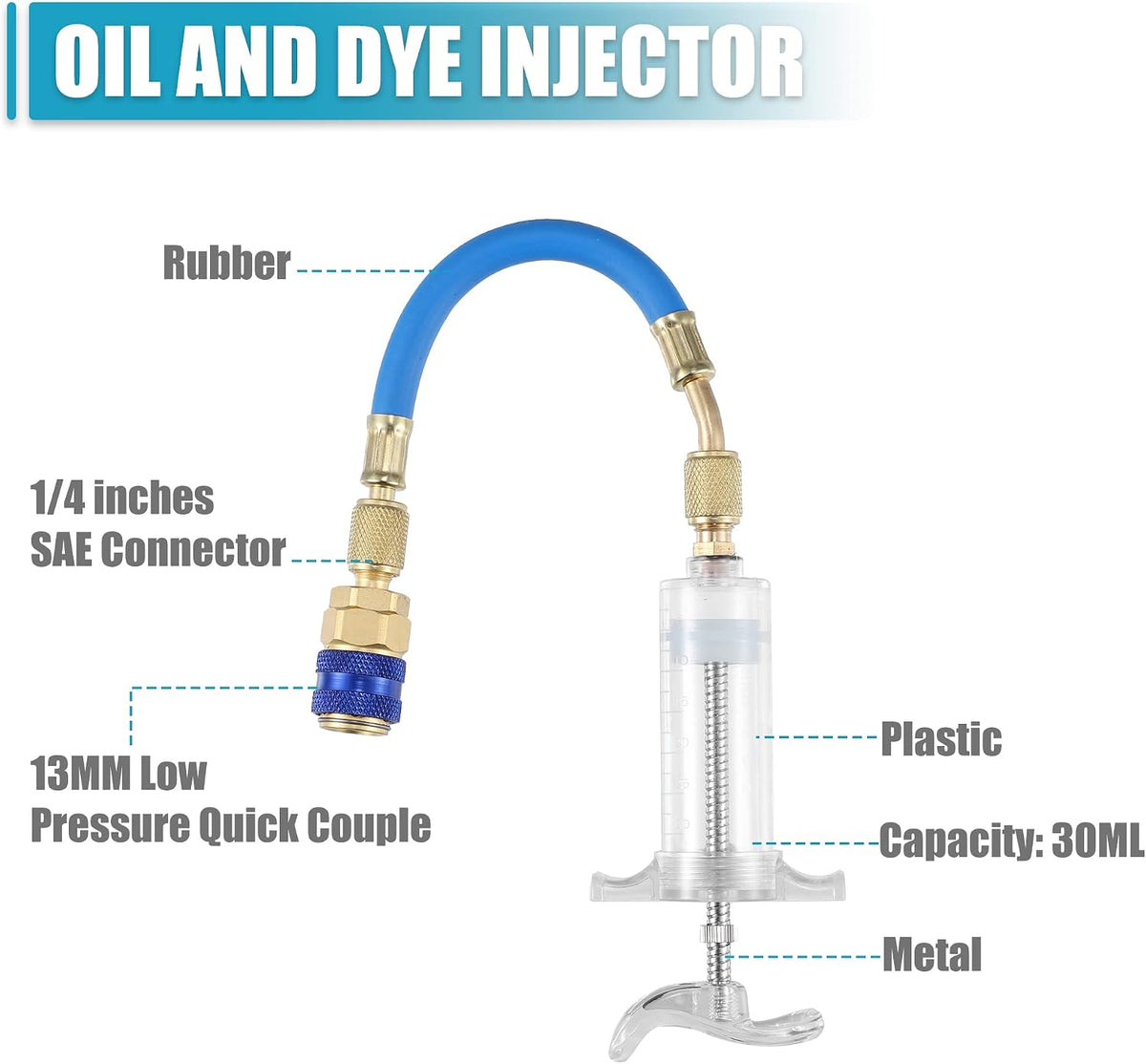 30ml Hand Push AC Oil & Dye Injector Kit – Quick Coupler + 1/4" SAE Connector