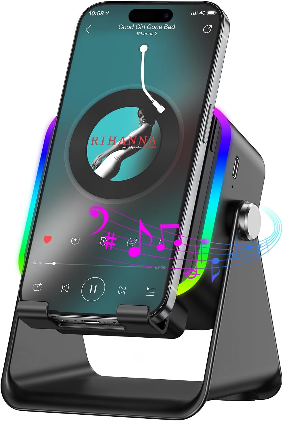 SoundDock™ 5-in-1 Wireless Bluetooth Speaker Stand – Adjustable Phone Holder with Stereo Sound, RGB Ambient Lighting & Rechargeable Battery for iPhone, Android & Tablets (Black)