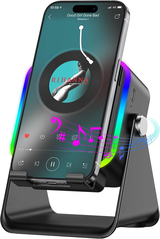 SoundDock™ 5-in-1 Wireless Bluetooth Speaker Stand – Adjustable Phone Holder with Stereo Sound, RGB Ambient Lighting & Rechargeable Battery for iPhone, Android & Tablets (Black)
