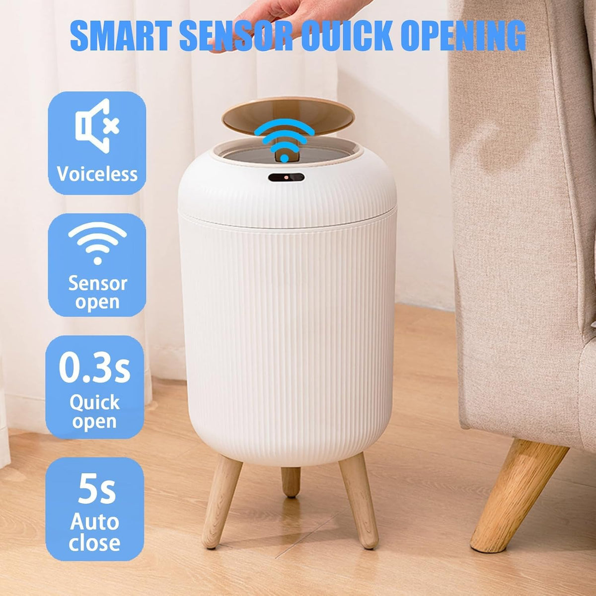 PureSense™ Smart Motion Sensor Trash Can – 3 Gallon Touchless Automatic Garbage Bin with Lid & Removable Legs for Bathroom, Bedroom, Kitchen & Office (White)