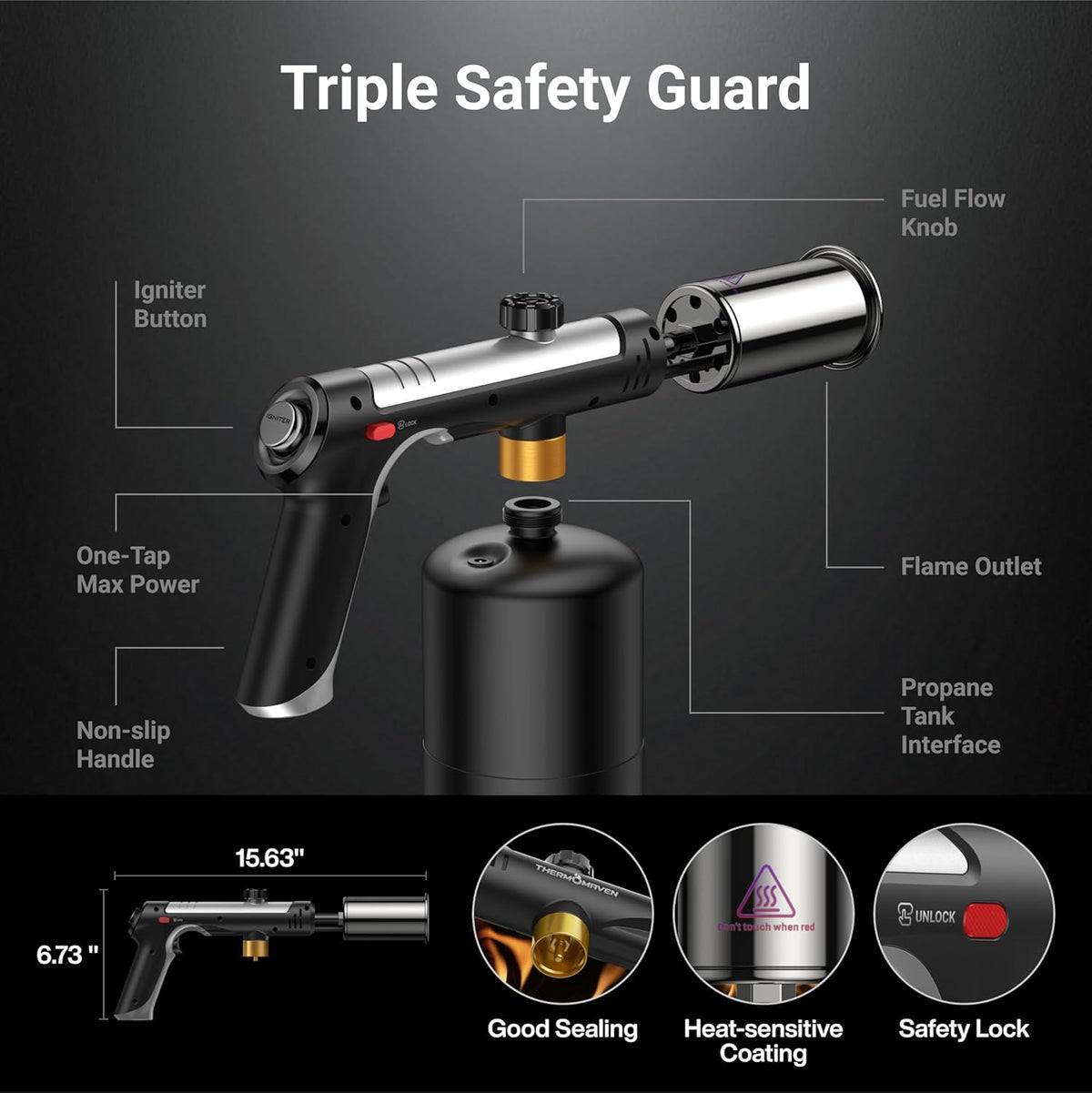 BlazeMaster™ Propane Torch Gun – Adjustable High-Heat Cooking Torch with One-Touch Max Flame, Safety Lock & Charcoal Igniter for BBQ, Searing & Outdoor Cooking