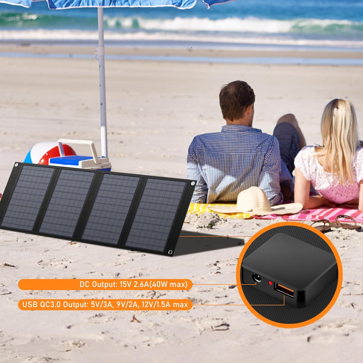 SunVolt™ 40W Foldable Solar Charger – Portable Solar Panel with USB QC3.0 & 12–15V DC Output for Power Stations, Camping, RV & Outdoor Adventures