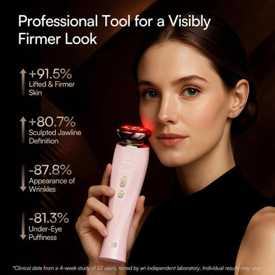 INIA 3-in-1 red light therapy device for face and neck with lift, tighten, and infuse modes. Adjustable intensity, negative ion technology, and ergonomic 3D head for at-home facial sculpting and firming.