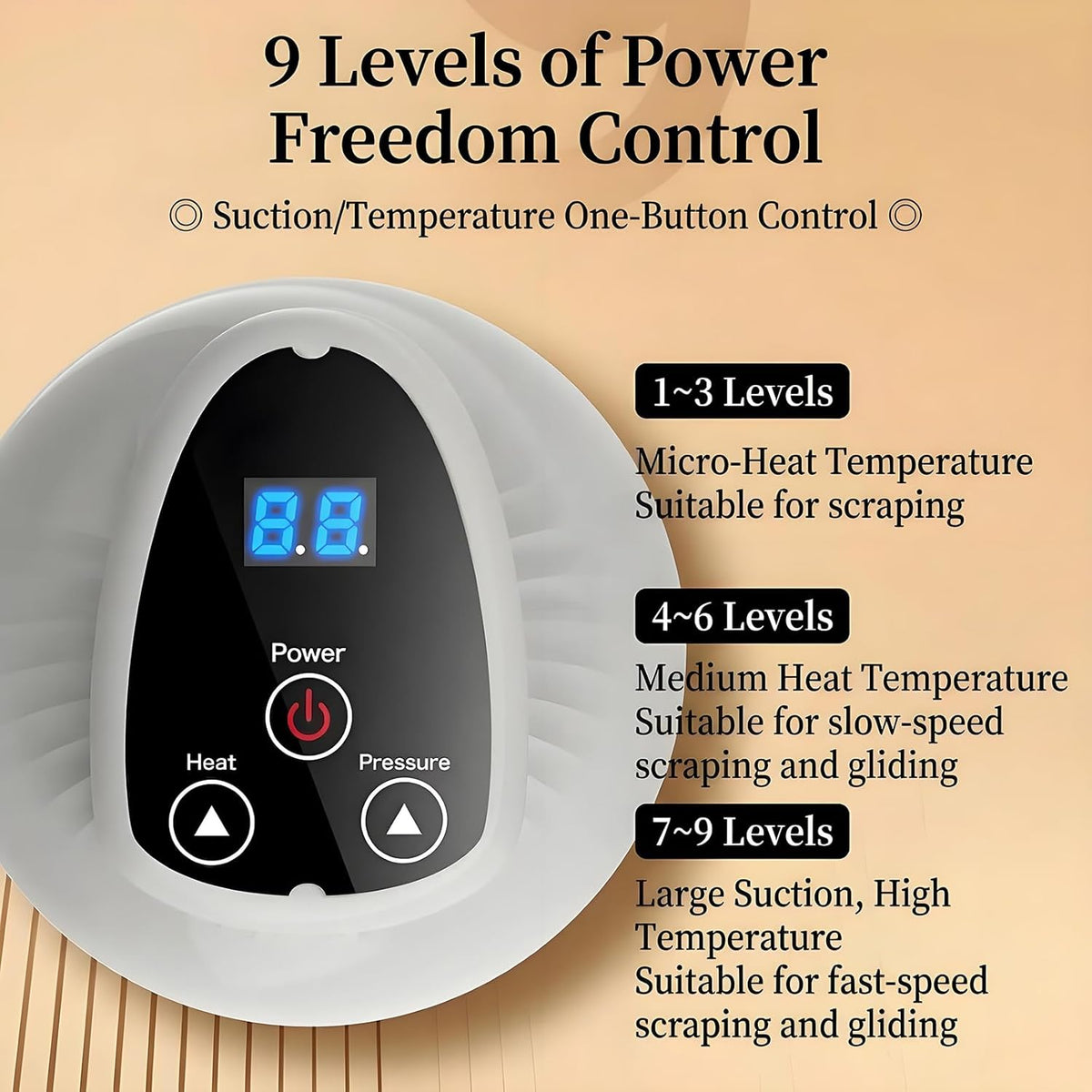 Rechargeable electric cupping massager with LED light therapy, vibration, and 9 adjustable suction levels. Targets cellulite on legs, arms, abdomen, and back from home.