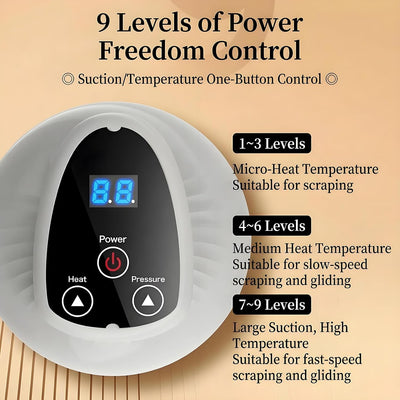 Rechargeable electric cupping massager with LED light therapy, vibration, and 9 adjustable suction levels. Targets cellulite on legs, arms, abdomen, and back from home.