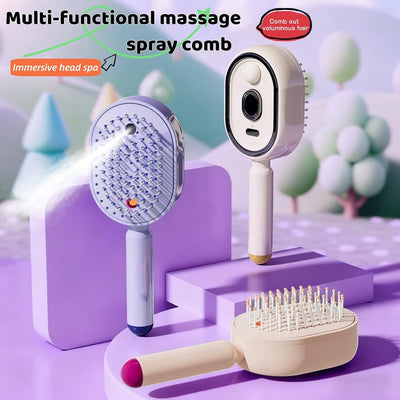 Multi-Functional Massage Spray Comb | 10ml Refillable Water Tank for Oils, Type-C Rechargeable | Anti-Static & Detangling | Portable Hair Care Gift (Pink)