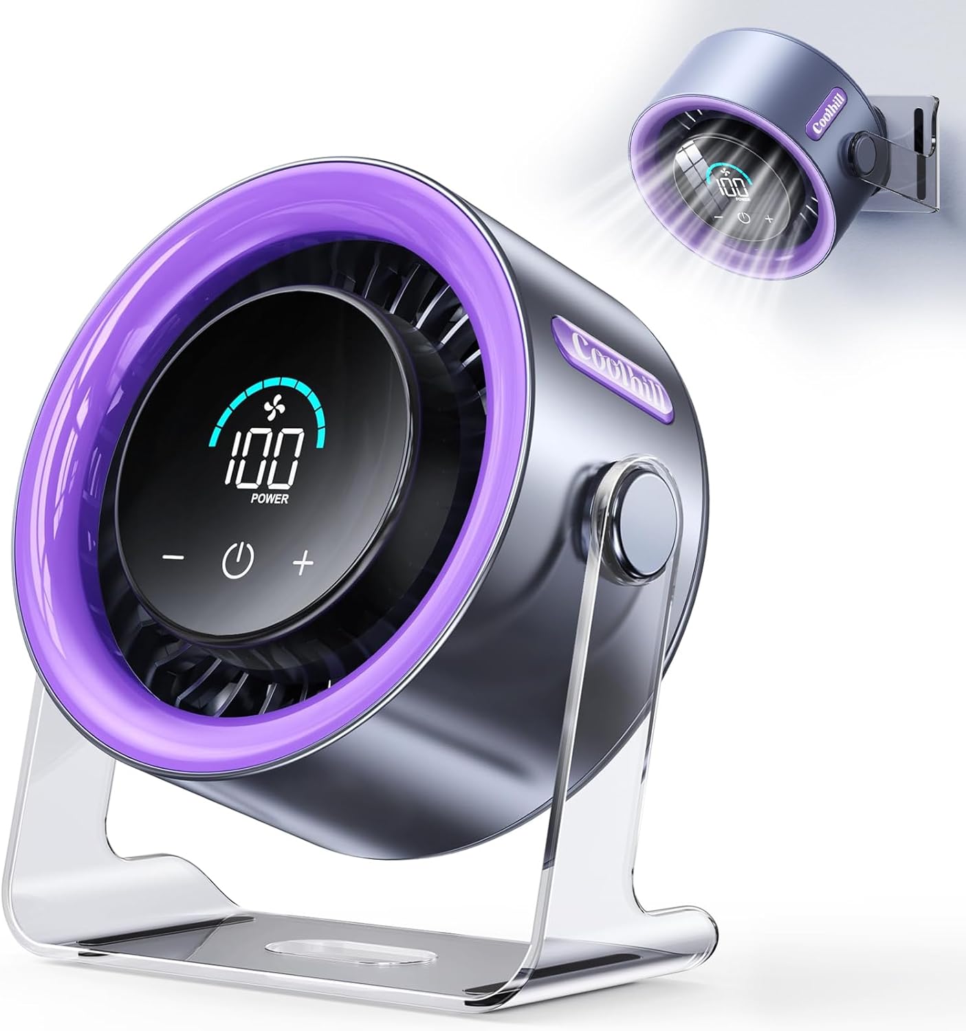 CoolBreeze™ Turbo Desk Fan – 100-Speed Quiet USB Rechargeable Fan with Digital Display, 120° Rotation & Wall-Mount Design for Bedroom, Office & Home (Purple)