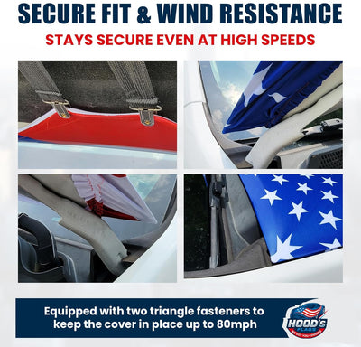 American Flag Car Hood Cover 63"x47" (160x120 cm) – USA Stars & Stripes Decoration – Universal Fit Cover for Trucks, Cars, SUVs - Stretch Polyester-Spandex with Secure Fasteners