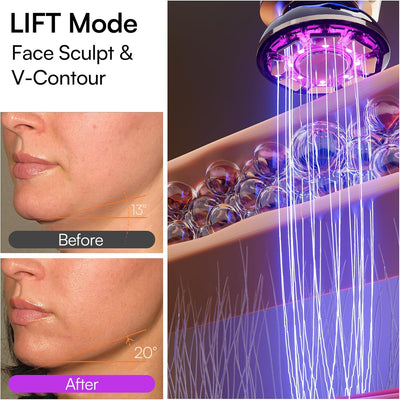INIA 3-in-1 red light therapy device for face and neck with lift, tighten, and infuse modes. Adjustable intensity, negative ion technology, and ergonomic 3D head for at-home facial sculpting and firming.