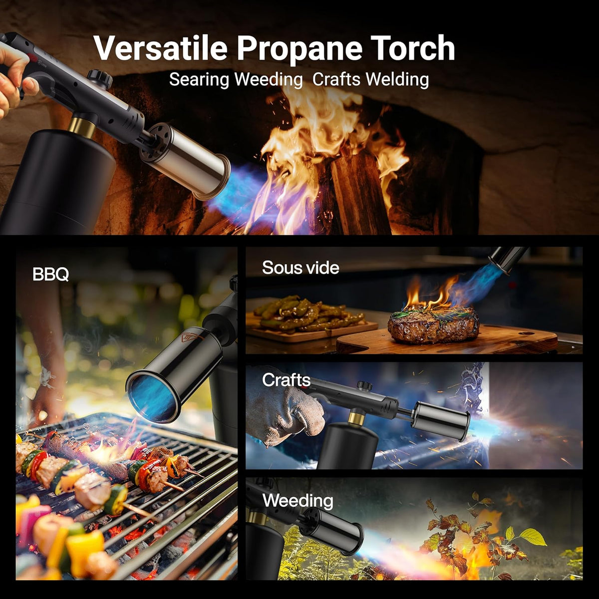 BlazeMaster™ Propane Torch Gun – Adjustable High-Heat Cooking Torch with One-Touch Max Flame, Safety Lock & Charcoal Igniter for BBQ, Searing & Outdoor Cooking