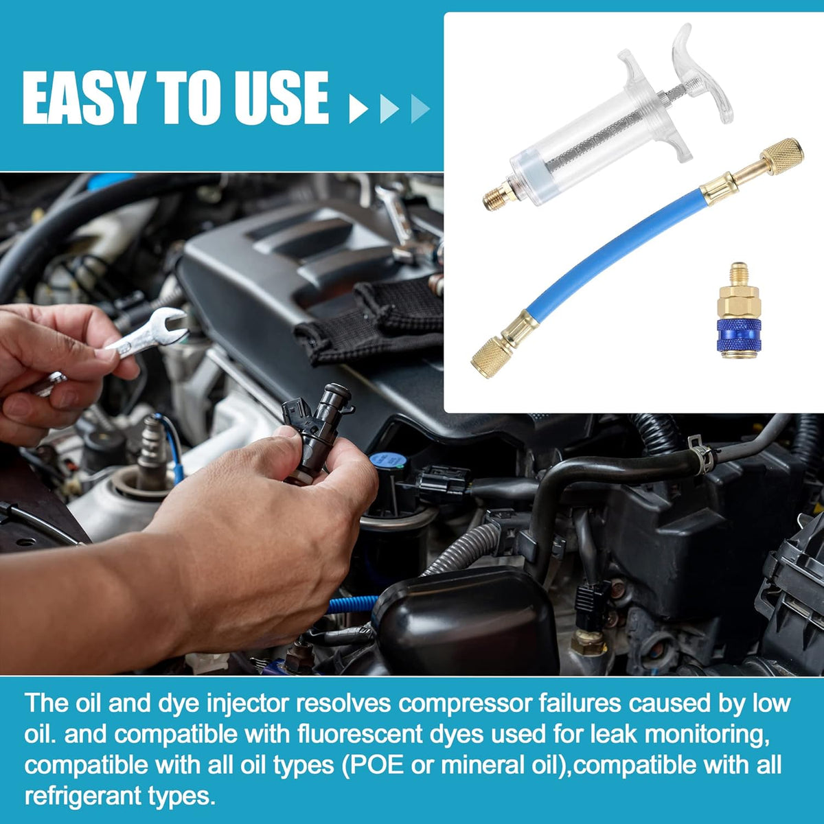 30ml Hand Push AC Oil & Dye Injector Kit – Quick Coupler + 1/4" SAE Connector