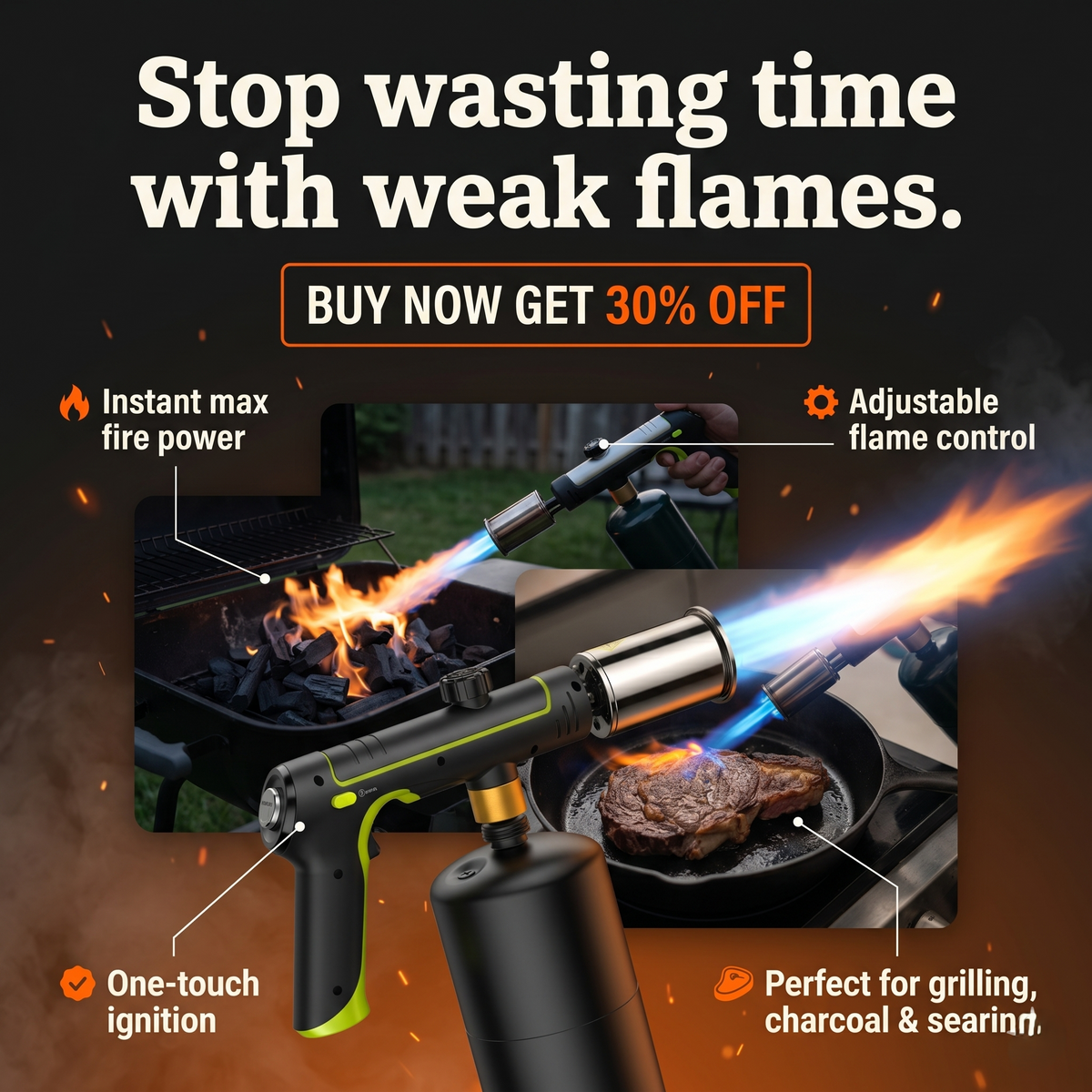 BlazeMaster™ Propane Torch Gun – Adjustable High-Heat Cooking Torch with One-Touch Max Flame, Safety Lock & Charcoal Igniter for BBQ, Searing & Outdoor Cooking