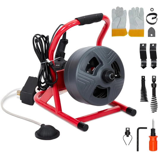 50Ft x 5/16 Inch Drain Cleaner Machine, Drain Auger Professional for 3/4 to 3 Inch Pipes, Foot Switch with 6 Cutters, Gloves, Drain Auger Cleaner Sewer Snake
