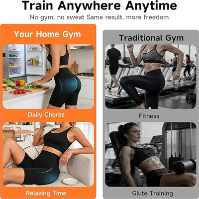 EMS toning shorts with dual-zone electrode pads for hip lifting, glute sculpting, and pelvic floor strengthening. 15 intensity levels, gel-free design, wireless controller. Wear at home — no workout required.