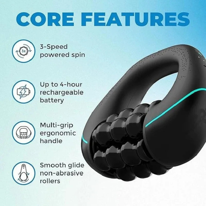 Compact rolling percussive massager with 3 speed settings for deep tissue relief and muscle recovery. Rechargeable, portable, and designed for full-body use at home, the office, or on the go.