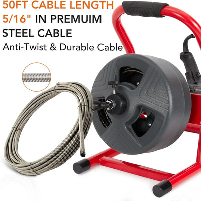 50Ft x 5/16 Inch Drain Cleaner Machine, Drain Auger Professional for 3/4 to 3 Inch Pipes, Foot Switch with 6 Cutters, Gloves, Drain Auger Cleaner Sewer Snake