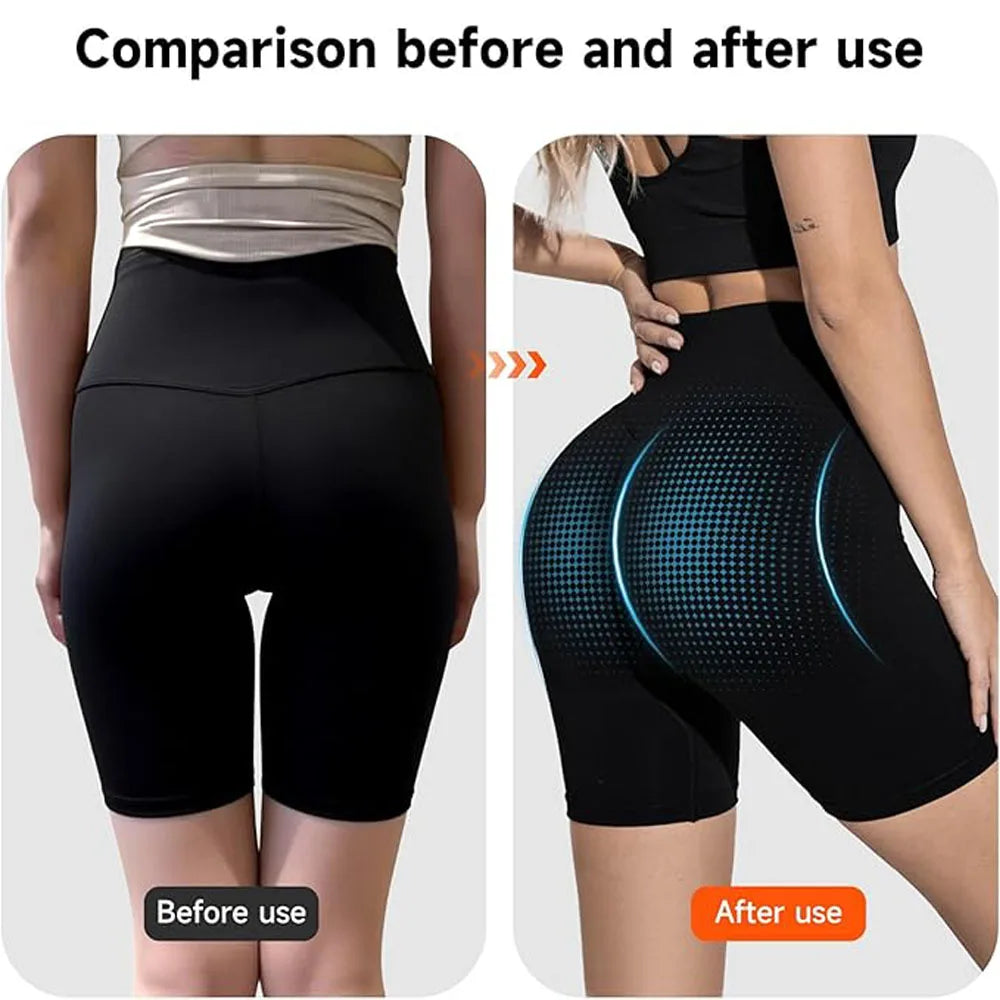 EMS toning shorts with dual-zone electrode pads for hip lifting, glute sculpting, and pelvic floor strengthening. 15 intensity levels, gel-free design, wireless controller. Wear at home — no workout required.