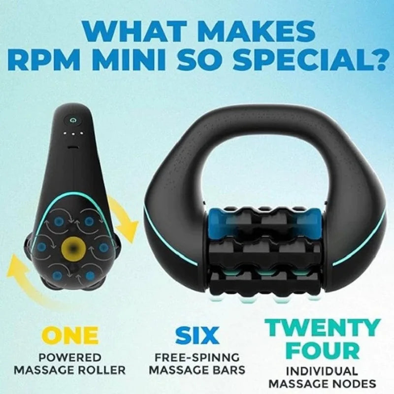 Compact rolling percussive massager with 3 speed settings for deep tissue relief and muscle recovery. Rechargeable, portable, and designed for full-body use at home, the office, or on the go.