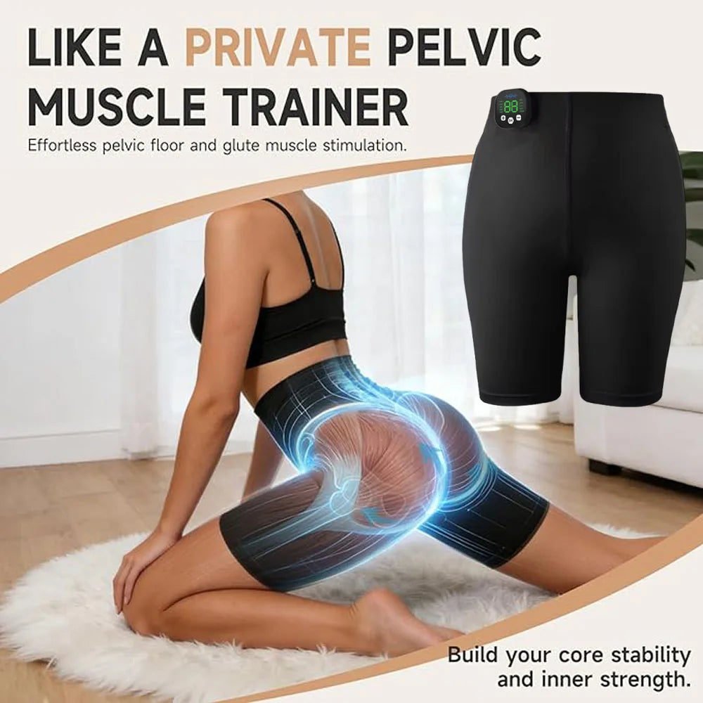 EMS toning shorts with dual-zone electrode pads for hip lifting, glute sculpting, and pelvic floor strengthening. 15 intensity levels, gel-free design, wireless controller. Wear at home — no workout required.