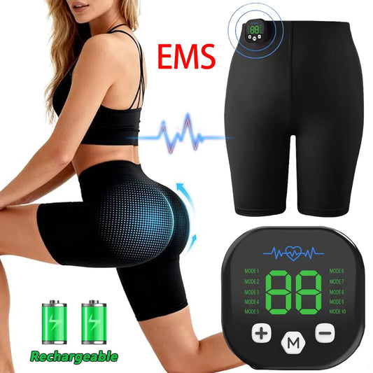 EMS toning shorts with dual-zone electrode pads for hip lifting, glute sculpting, and pelvic floor strengthening. 15 intensity levels, gel-free design, wireless controller. Wear at home — no workout required.